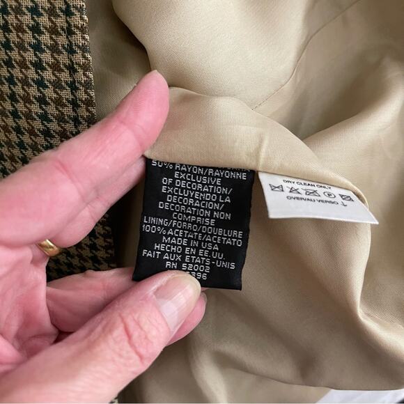 Liz Claiborne tan green check preppy academia houndstooth wool blazer jacket 6P - Picture 7 of 7